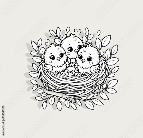 Three happy chicks nestled together in nest logo for children books, educational materials, spring-themed crafts. Simple line art for easy coloring activities. Vector illustration