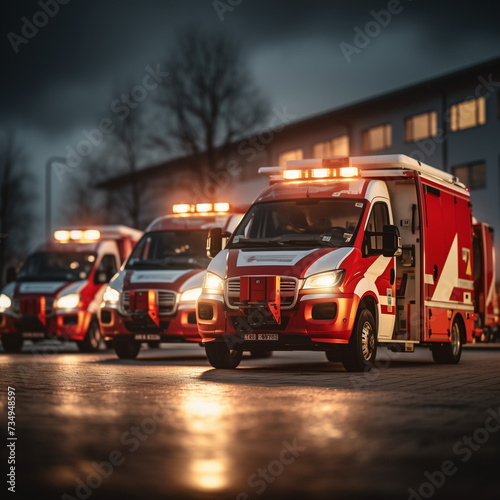 A Lineup of Brand New Ambulance Cars Glistens with a Giant Red Bow, Ready to Serve and Bring Aid. Parked in the Lot, These Vehicles Symbolize the Gift of Health and Urgent Care