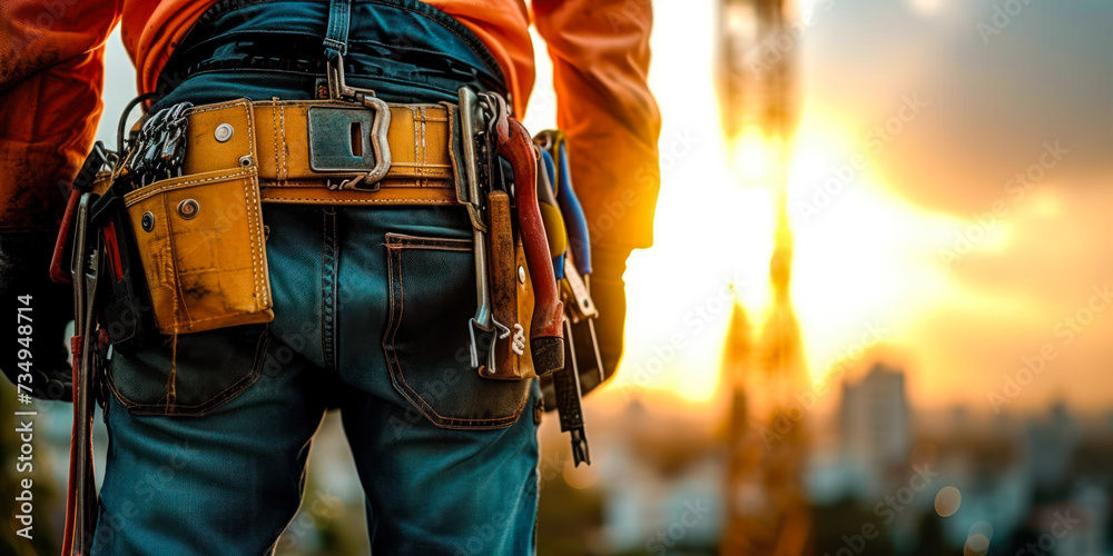 Up-Close View of a Construction Workers Utility Belt Loaded with Various Implements on a Skyscraper Construction Scene at Dusk, Emphasizing Workplace Safety and Diligence Up-Close View of a Construction Workers Utility Belt Loaded with Various Implements on a Skyscraper Construction Scene at Dusk, Emphasizing Workplace Safety and Diligence