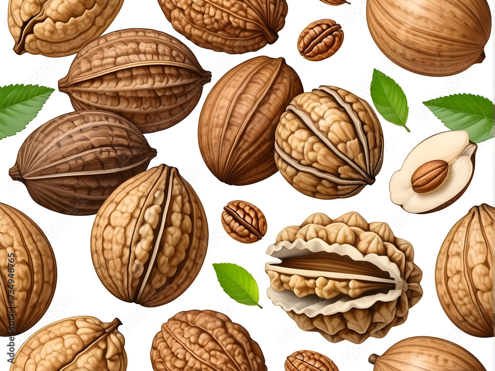 walnut and in shell isolated on a white isolated background. collection of nuts walnut and in shell isolated on a white isolated background. collection of nuts