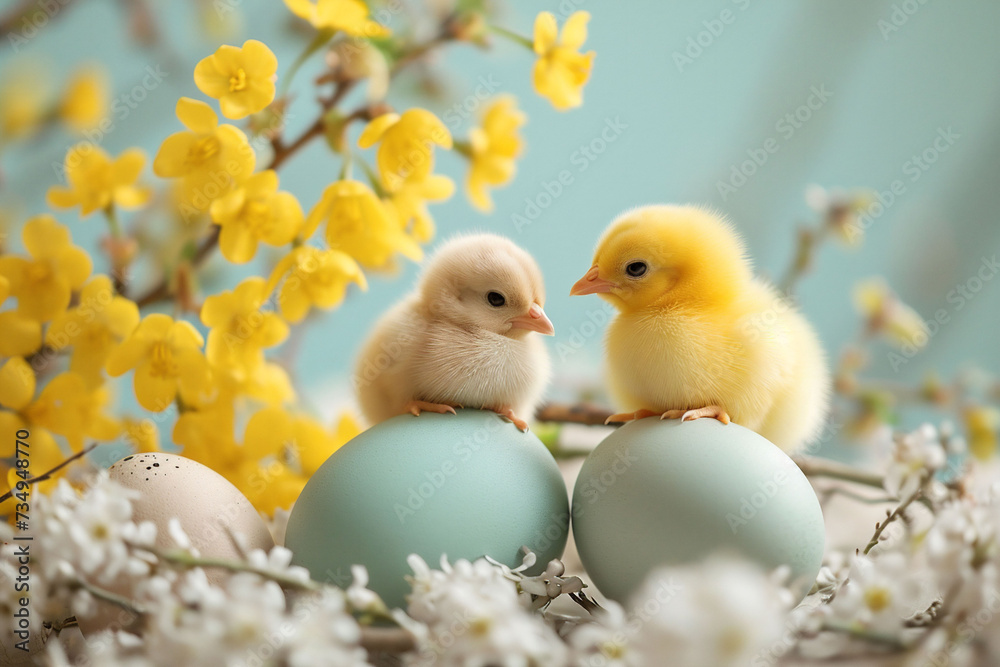 A chick and a duckling atop colored eggs amidst white and yellow flowers portray the warmth of spring. The tender moment is ideal for Easter storytelling or springtime nursery art.