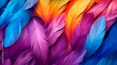 Banner of colorful feathers arranged chaotically. Textured background.