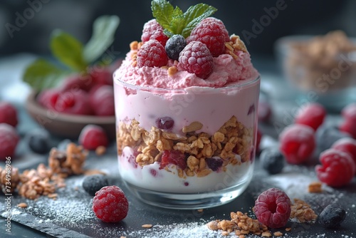 Yogurt and berry Parfait with granola and mint in a glass on black stone plate surrounded by berries photo