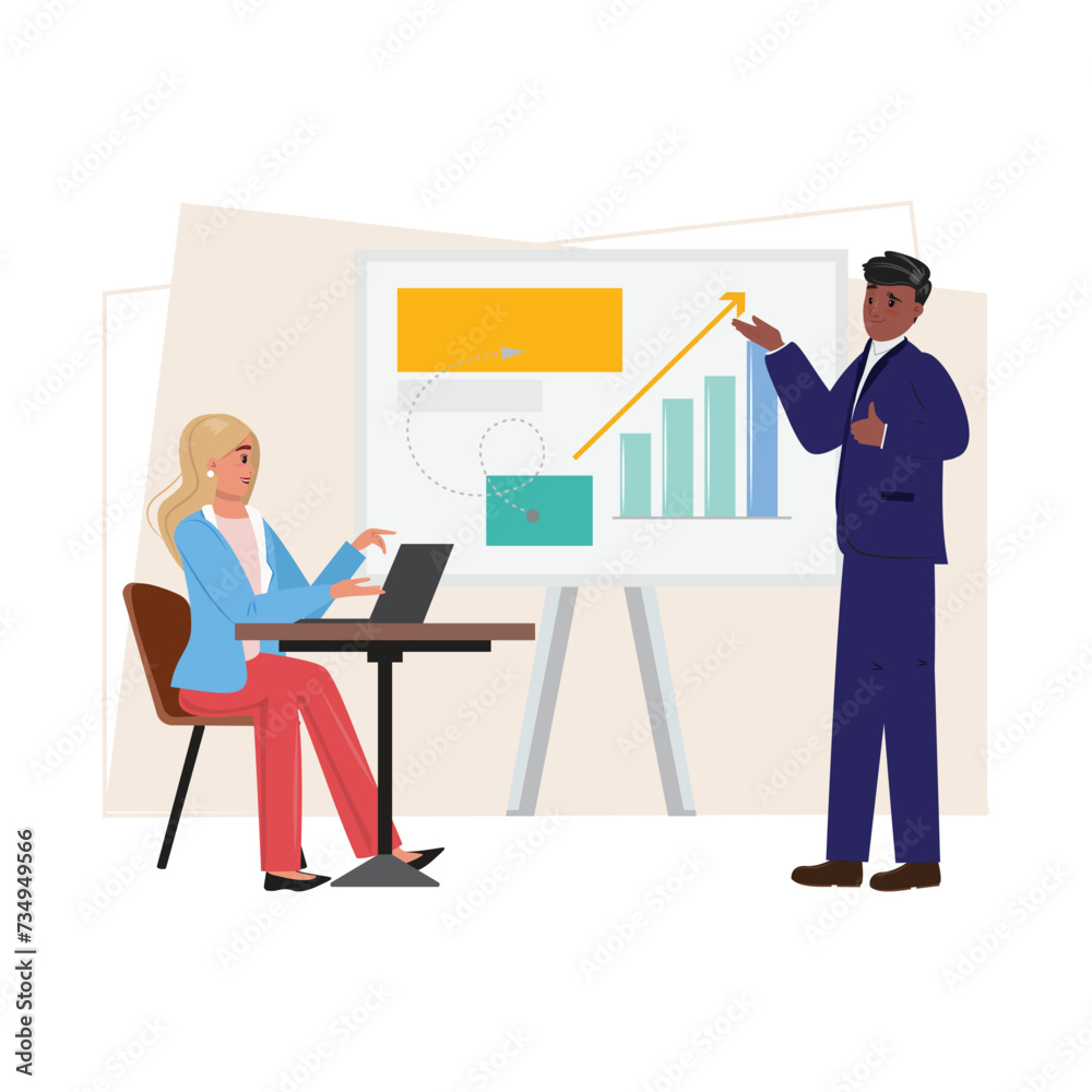 Black Man Presents Charts, Analysis, and Dates on a White Board, Engaging Female Colleague in a Dynamic Business Meeting.