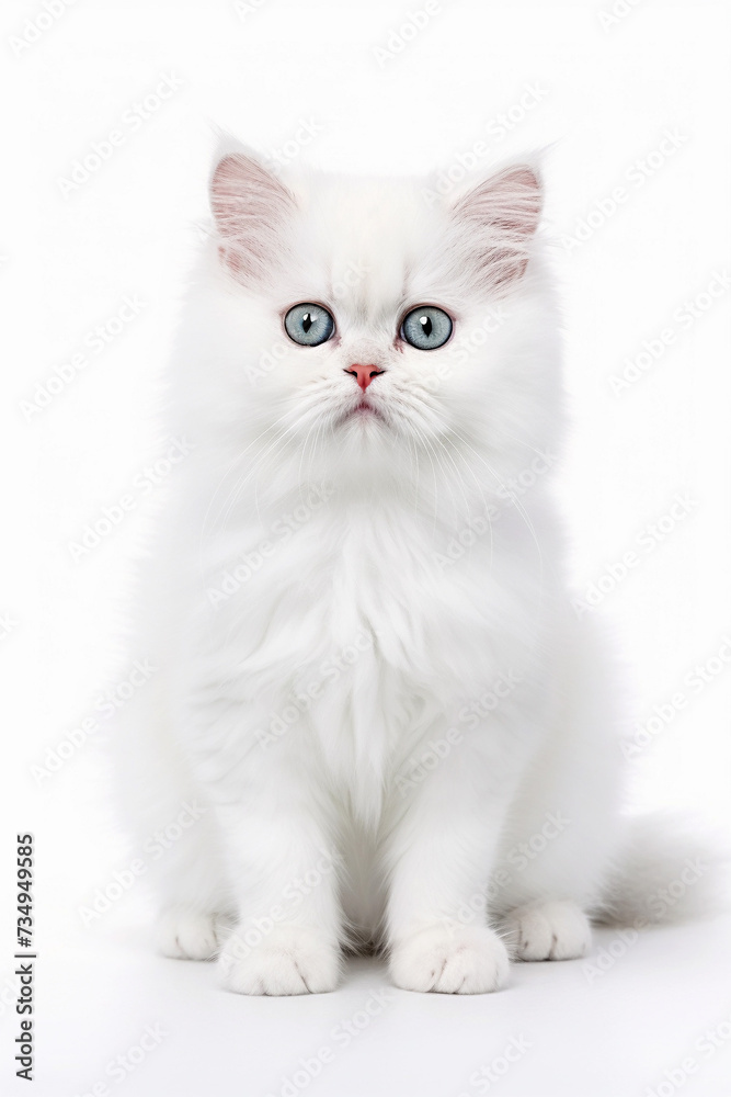 Fluffy white kitten with piercing eyes, radiating innocence and curiosity, on a clean white background