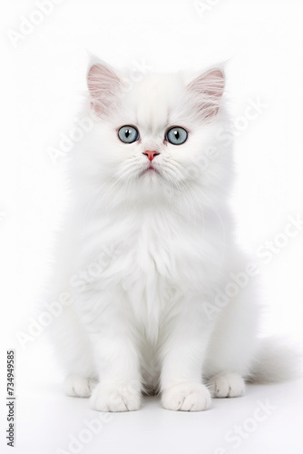 Fluffy white kitten with piercing eyes, radiating innocence and curiosity, on a clean white background