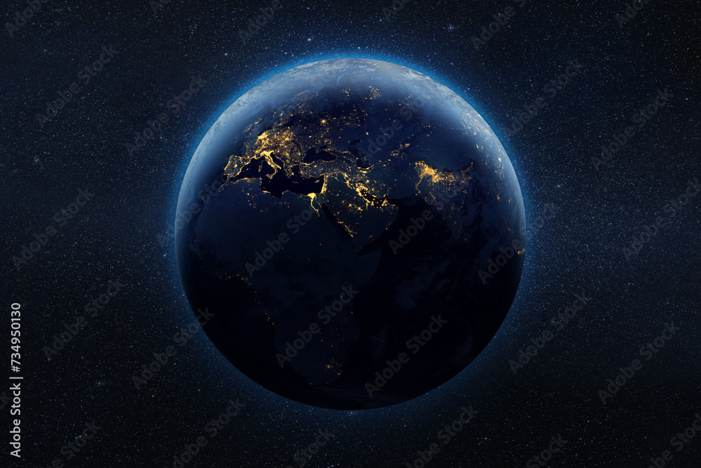 Earth planet in the night in outer space with city lights on it.  Elements of this image furnished by NASA.