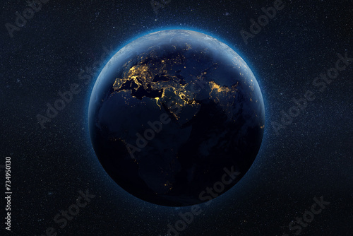 Earth planet in the night in outer space with city lights on it. Elements of this image furnished by NASA.