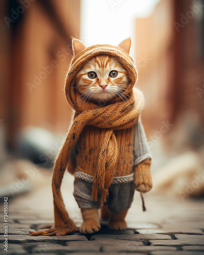  A ginger cat with an adorably serious expression is dressed in a cozy knitted hat and scarf, standing on a cobbled street, looking like a little adventurer © Olga