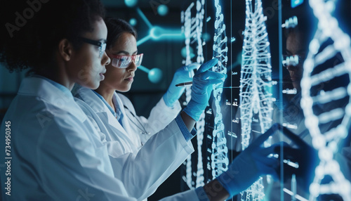 A collaborative medical team discussing over a holographic display of genomic data indicating potential genetic predispositions and crafting tailored healthcare strategies photo
