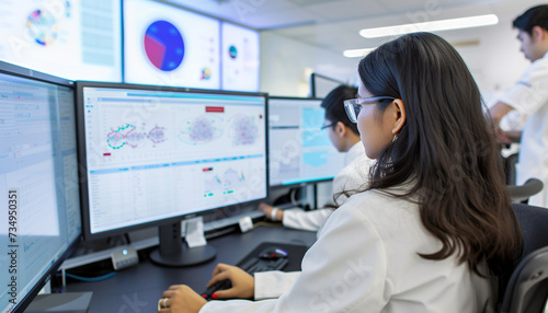 A collaborative workspace where researchers utilize machine learning models on large datasets to predict disease outcomes and treatments showing interactive dashboards and predictive analytics in