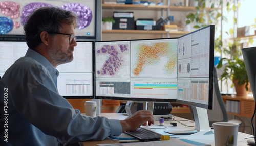 A collaborative workspace where researchers utilize machine learning models on large datasets to predict disease outcomes and treatments showing interactive dashboards and predictive analytics in photo