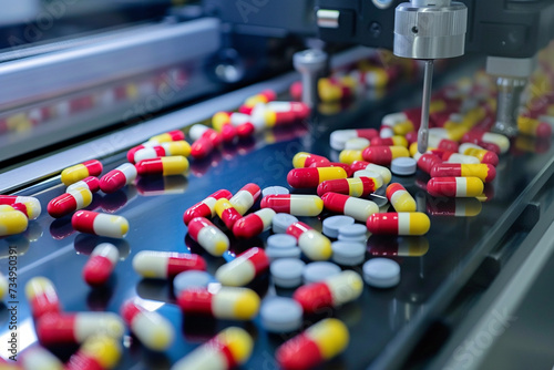 A cutting-edge pharmaceutical lab with a 3D printer producing customized medications showcasing capsules and tablets being printed on demand highlighting the precision and customization of drug photo