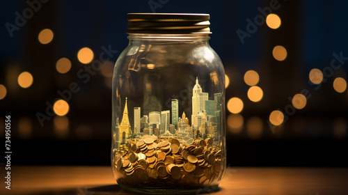 Double exposure of city and coins in the bottle.