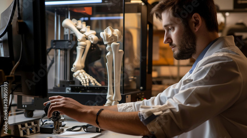 A medical engineer analyzing the 3D model of a prosthetic limb on a computer screen with the 3D printer in the background actively printing the prosthetic parts emphasizing the customization process photo