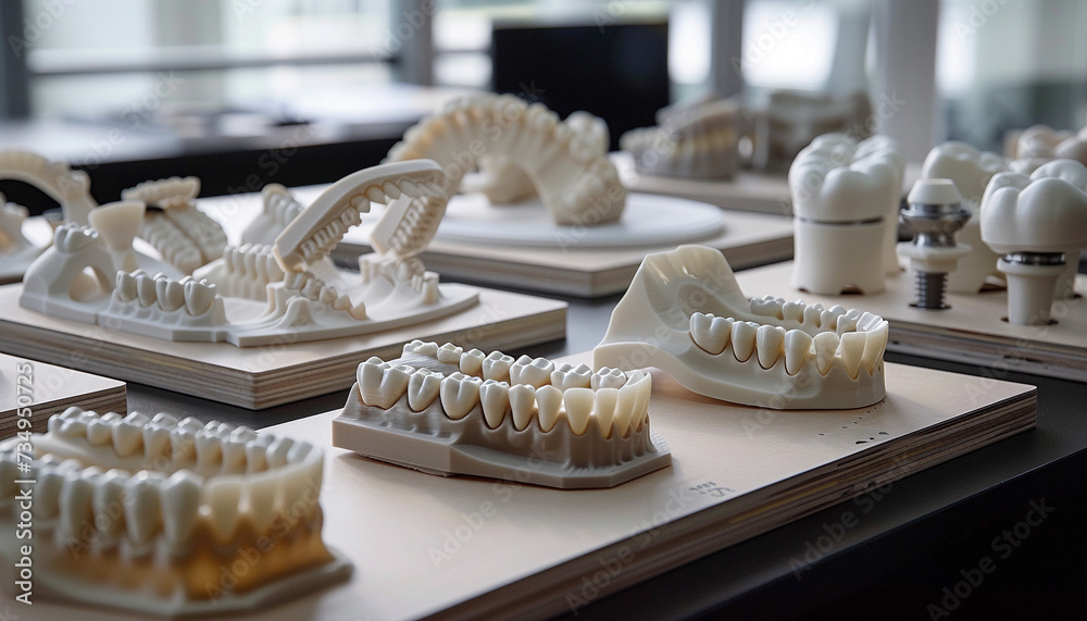 A series of personalized dental implants and orthodontic devices displayed on a table showcasing the diversity and precision of 3D printing in creating devices tailored to the unique anatomical