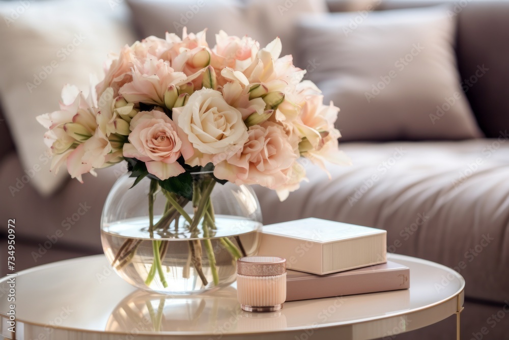 Obraz premium A cozy interior with soft natural light, a bouquet flowers on the coffee table