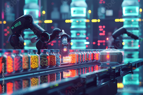 A stylized futuristic scene where robotic arms are 3D printing medications directly from digital prescriptions surrounded by glowing data streams representing the digital transformation of photo