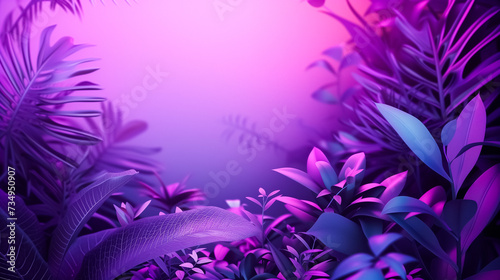 Surreal tropical plants against a mystical purple backdrop, showcasing intricate details of leaves and flowers, evoking a sense of serene beauty and mystery. Copy space in the centre.