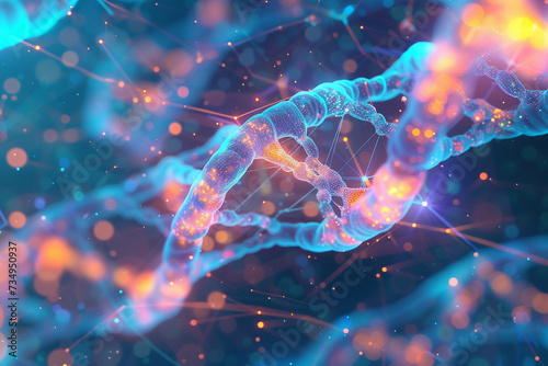 A vibrant futuristic visualization of genomic data flowing through a network of neurons depicting the interconnection between genomics and AI in predicting health outcomes