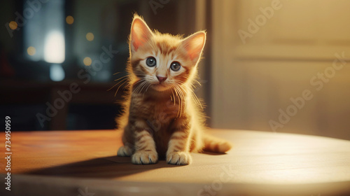 A curious ginger kitten sits on a table, bathed in warm sunlight, with soft, focused eyes and delicate whiskers