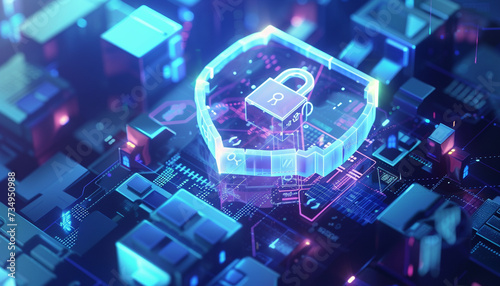 An abstract concept art of a blockchain shield protecting patient data with digital locks and keys surrounding confidential records symbolizing the unbreakable security and privacy offered by photo