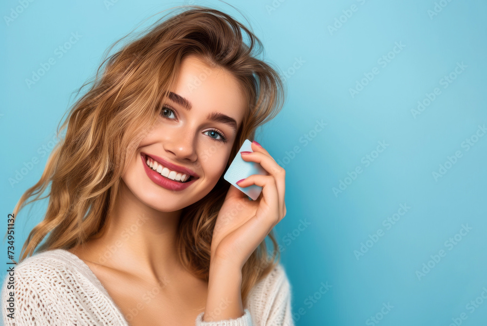 smiling beautiful girl holding a bank card, shopping concept, on a blue background smiling beautiful girl holding a bank card, shopping concept, on a blue background