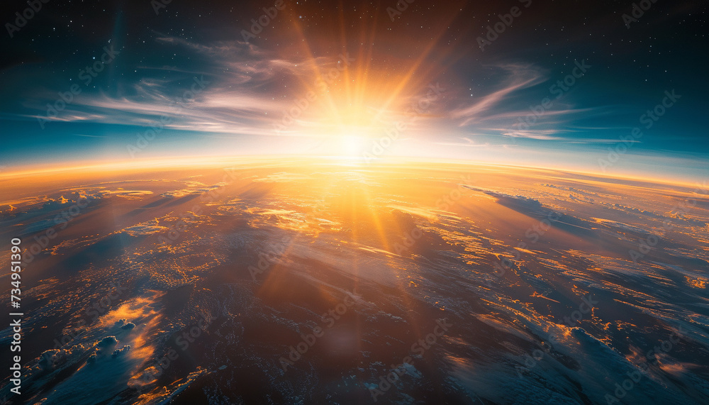 The sun rising over the curvature of the Earth illuminating the sky from space with a breathtaking palette of colors from deep blues to vibrant oranges highlighting the beauty of the sky at dawn The sun rising over the curvature of the Earth illuminating the sky from space with a breathtaking palette of colors from deep blues to vibrant oranges highlighting the beauty of the sky at dawn