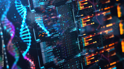 Detailed view of a computer interface used by geneticists showing a complex genome mapping software with colorful DNA strands without displaying any personal identity in a modern research lab