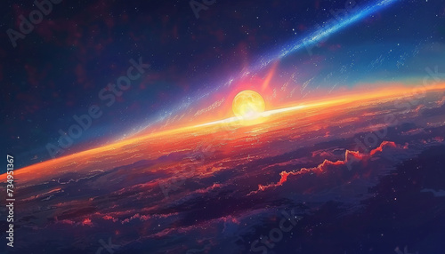 The sun rising over the curvature of the Earth illuminating the sky from space with a breathtaking palette of colors from deep blues to vibrant oranges highlighting the beauty of the sky at dawn