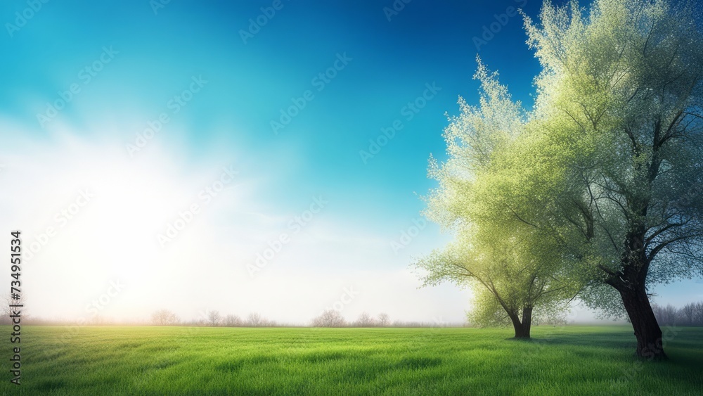 Spring background with a green meadow and trees.