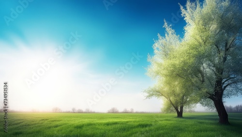 Spring background with a green meadow and trees.
