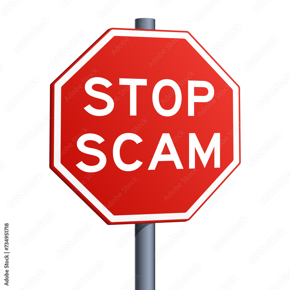 Stop Scam red road sign isolated on white background. Pop art style hand drawn color raster illustration. Stop Scam red road sign isolated on white background. Pop art style hand drawn color raster illustration.