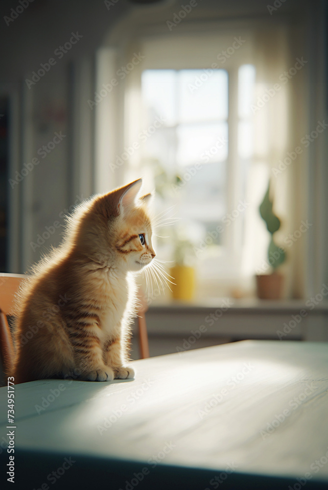 Sunlit ginger kitten sits pensively on a table, gazing through a window, basking in the warm morning light
