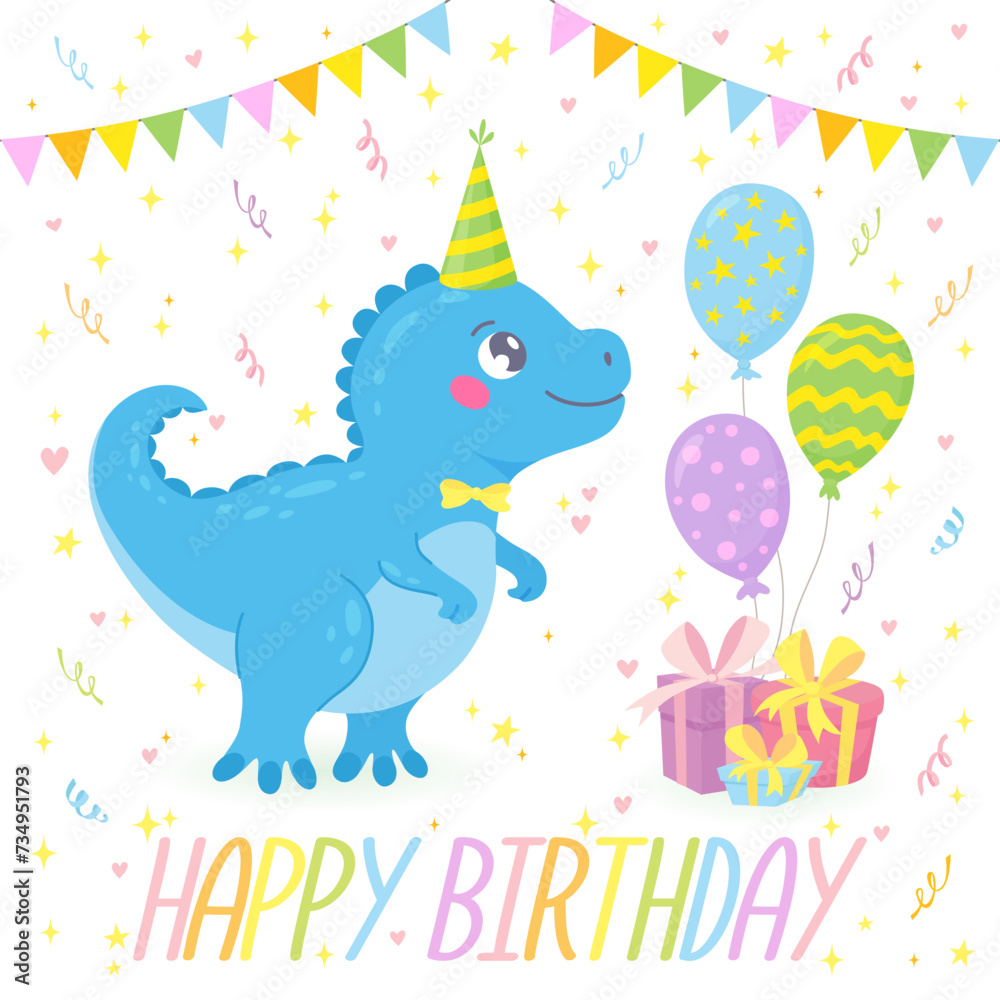 custom made wallpaper toronto digitalBirthday greeting card with cute hand drawn dinosaur in festive cone, gifts, balloons, confetti. Funny smiling dino character in cartoon style. Good for baby posters, greeting cards, invitations