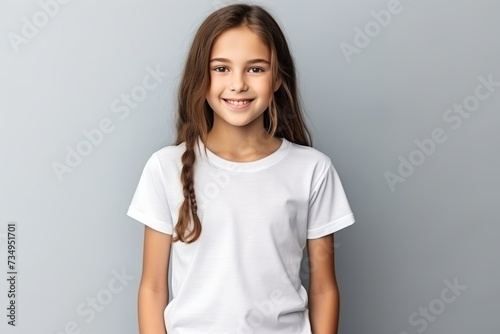 Happy young girl presenting blank white t-shirt for advertising on plain background in studio