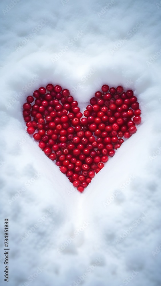 Heart shape made of red cranberries on white snow.