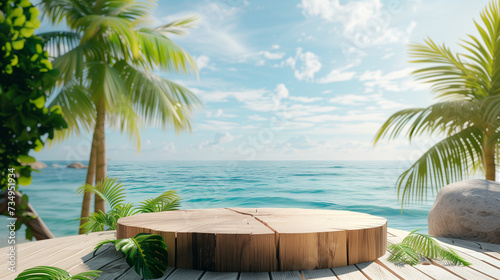 Summer product display on the wooden podium at Sea Tropical Beach. 