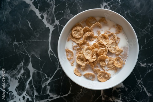 Top view of whole grain cereal with milk in a white bowlon a black marble background with copy space photo