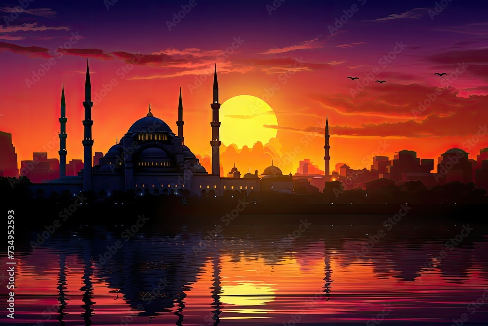 Mosque sunset sky, moon. Silhouette of the mosque at sunset background. panaromic islamic wallpaper. Silhouette mosques on dusk sky twilight. Ramadan Kareem background.
