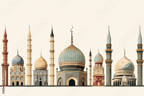 illustration of mosque in vintage style. Dome of the mosque with many minarets. islamic architure. photo