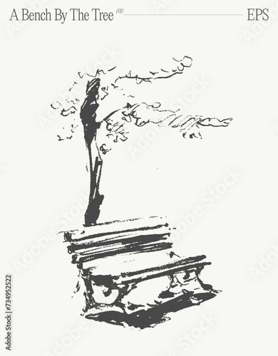 A drawing of a bench under a tree. Hand drawn vector illustration, sketch.