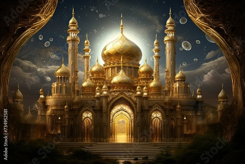 Beautiful golden mosque wallpaper. Ramadan Kareem background with mosque, 3D rendering. gorgeous islamic architure. mosque. photo