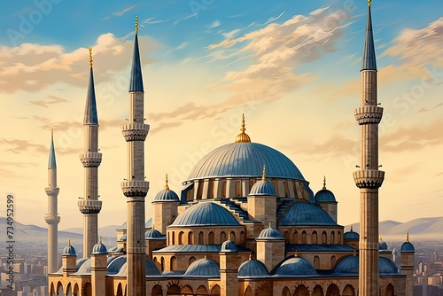 Blue Mosque. panaromic islamic wallpaper. beautiful​ landscape​ with​ blue mosque. islamic architecture. photo