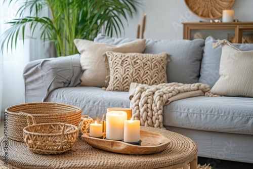 Modern boho interior of living room in cozy apartment. Simple cozy living room interior with light gray sofa, decorative pillows, wooden table with candles and natural decorations © LivroomStudio