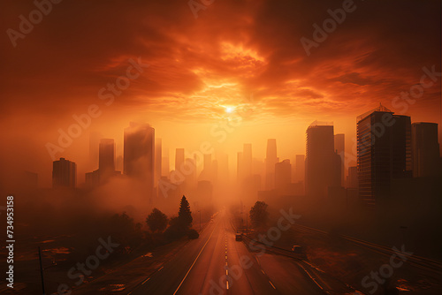 A photograph of a fiery red sunset over a polluted city skyline, depicting the harmful effects of global warming, golden rays of sunlight piercing through the haze, casting long shadows on the deserte