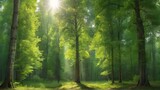 landscape view of the sun beautifully shining on the tops of green trees. background for poster, banner, web, social media. ai generative design