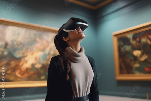 Woman using virtual reality goggles in a museum photo