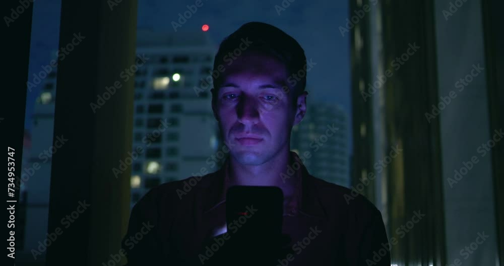 Nightly man habit of scrolling news on phone sign of internet dependency Scrolling becomes way to cope with urban stress. Endless scrolling cycle of stress and restlessness face in close-up.