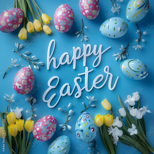 Happy easter layout with colourfully decorated easter eggs and flowers. Happy easter top view isolated on background. Easter eggs and flowers